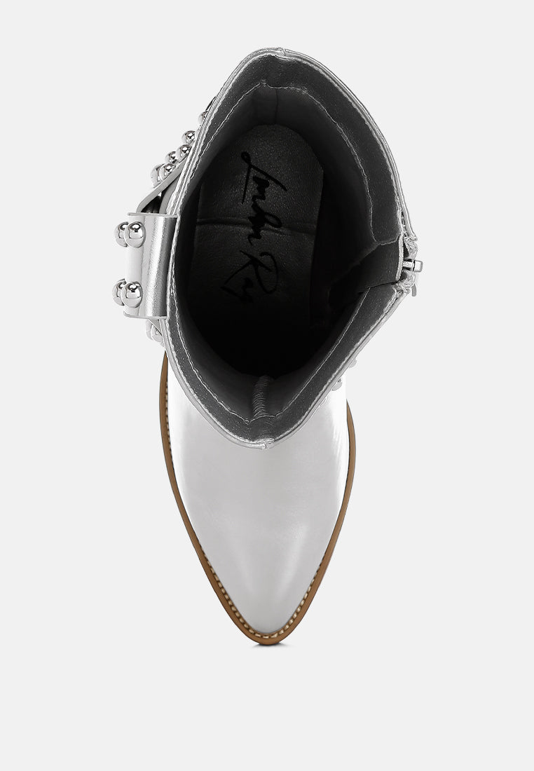 women studded harness detail boots#color_silver