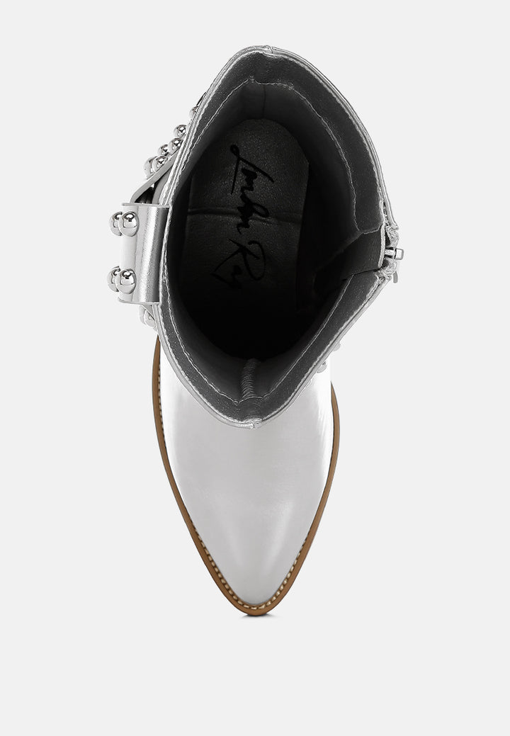 women studded harness detail boots#color_silver