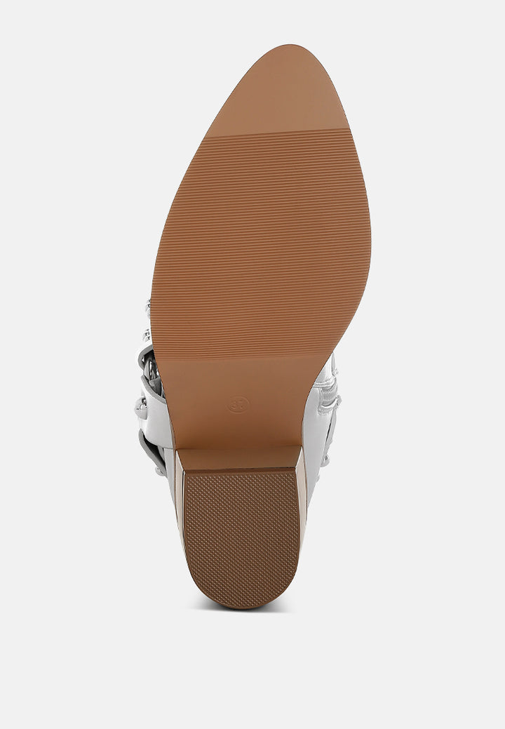 women studded harness detail boots#color_silver