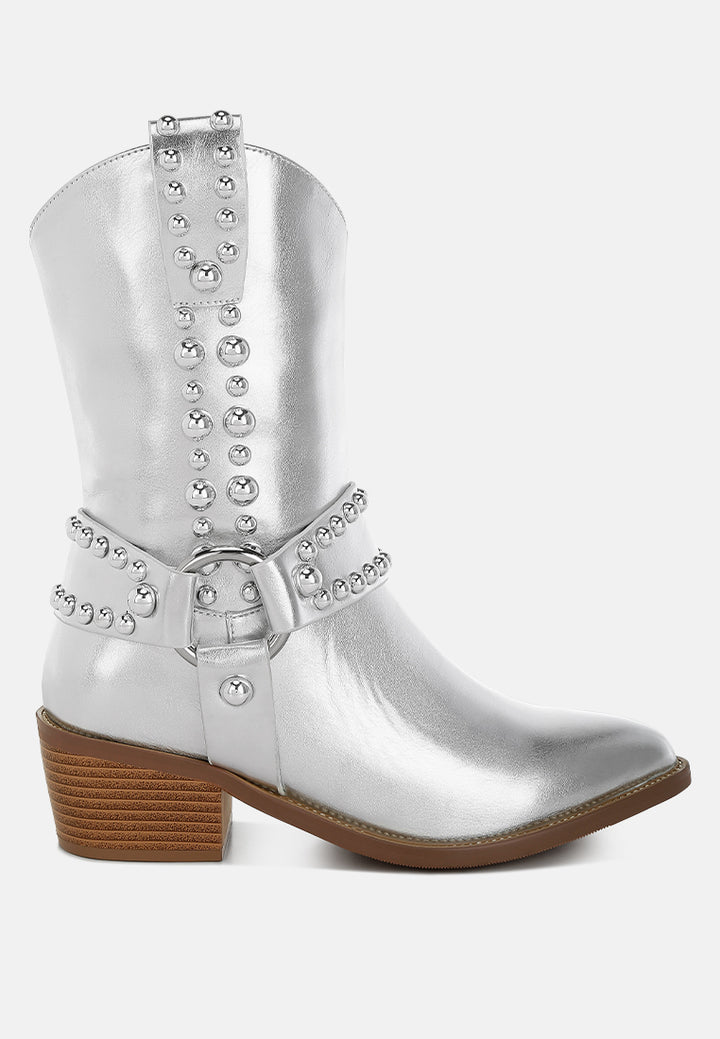 women studded harness detail boots#color_silver