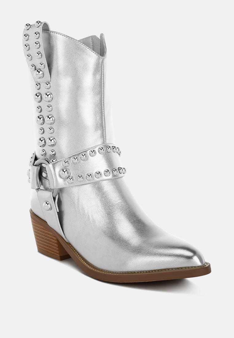 women studded harness detail boots#color_silver