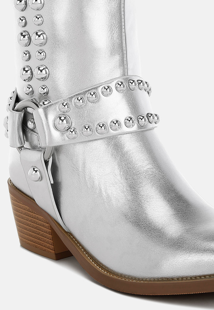 women studded harness detail boots#color_silver