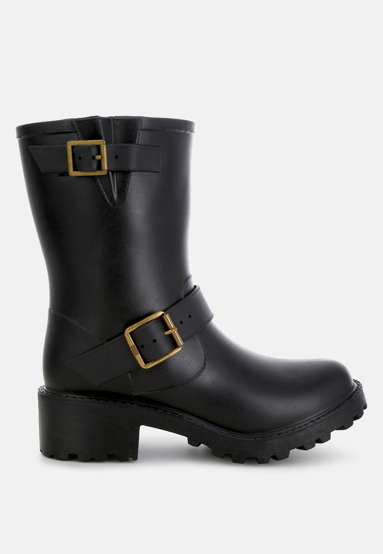 women harness detail calf rain boots#color_black
