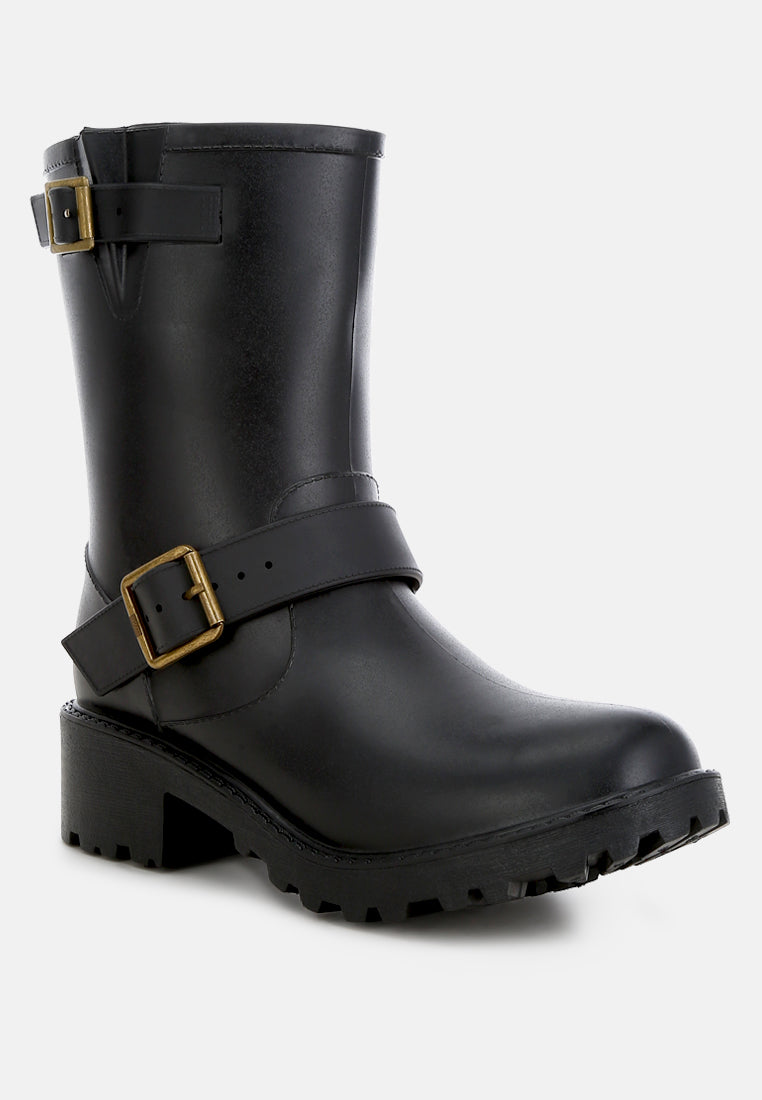 women harness detail calf rain boots#color_black