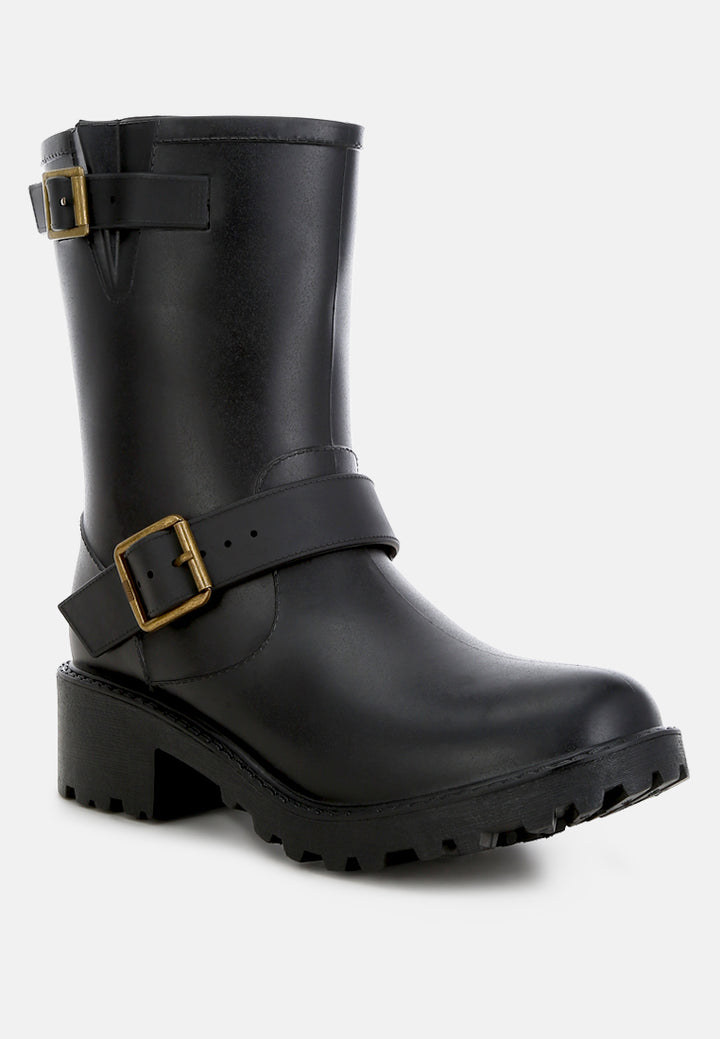 women harness detail calf rain boots#color_black