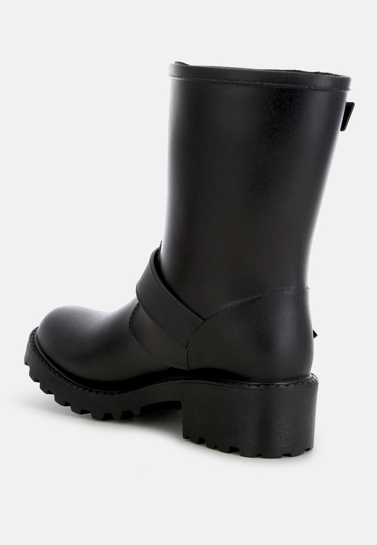 women harness detail calf rain boots#color_black
