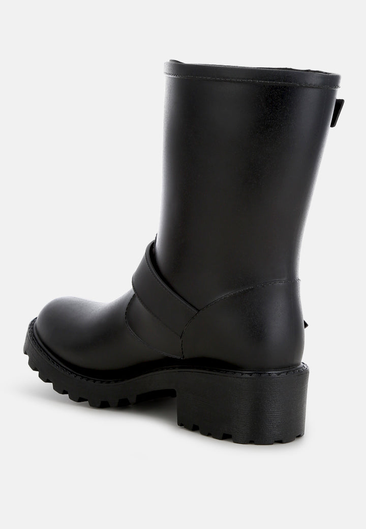 women harness detail calf rain boots#color_black