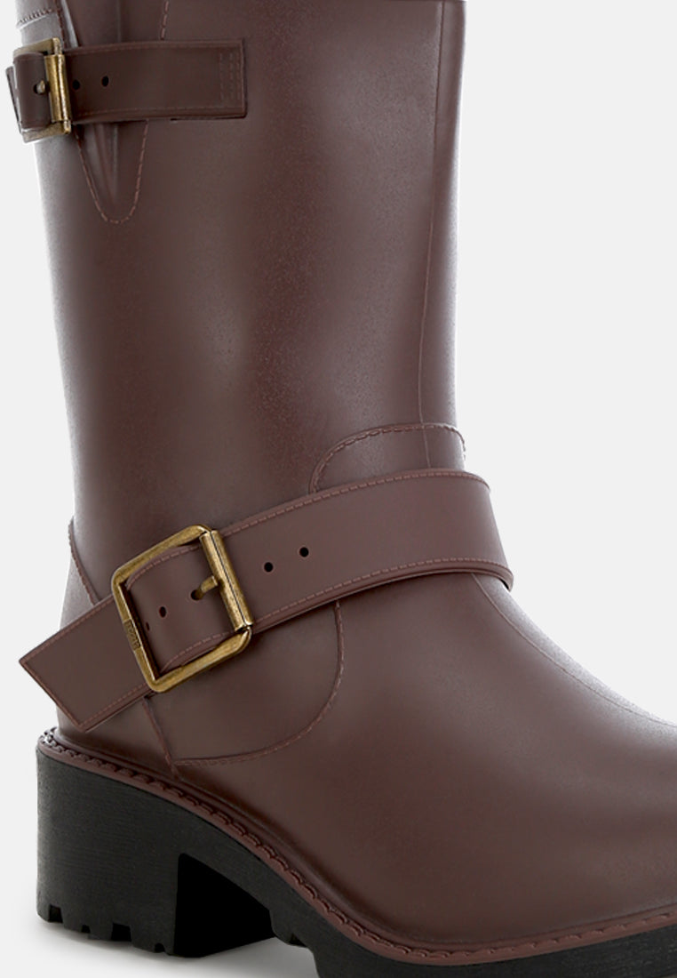 women harness detail calf rain boots#color_brown