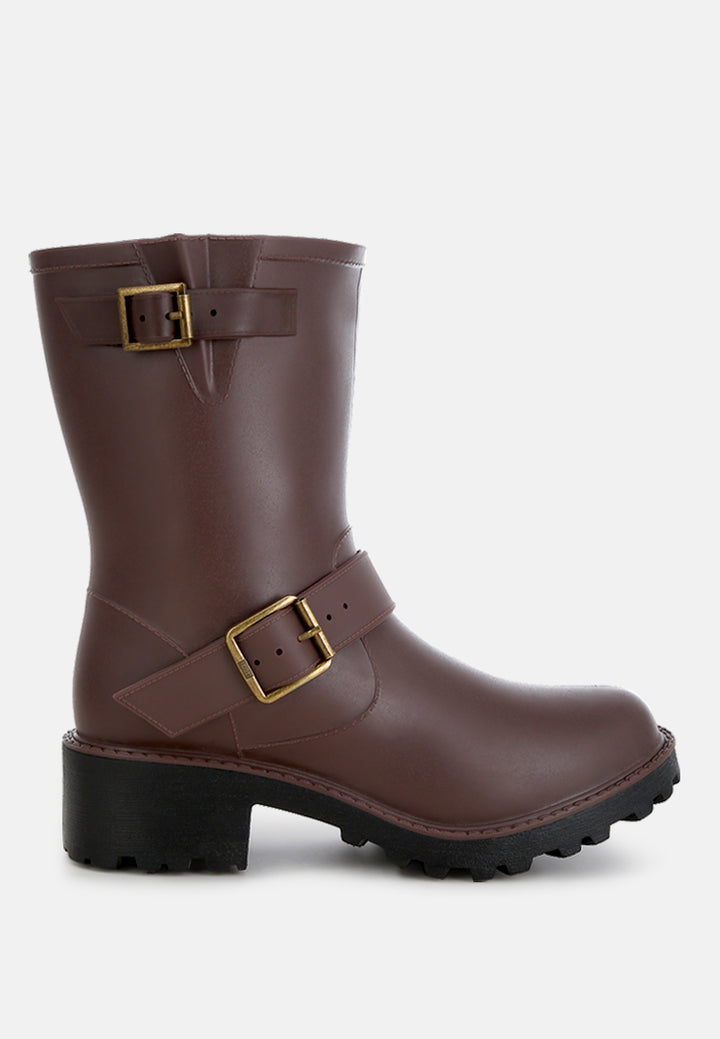 women harness detail calf rain boots#color_brown
