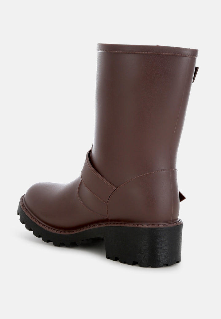 women harness detail calf rain boots#color_brown