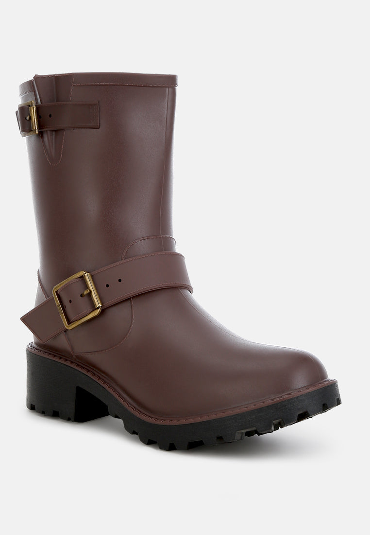 women harness detail calf rain boots#color_brown