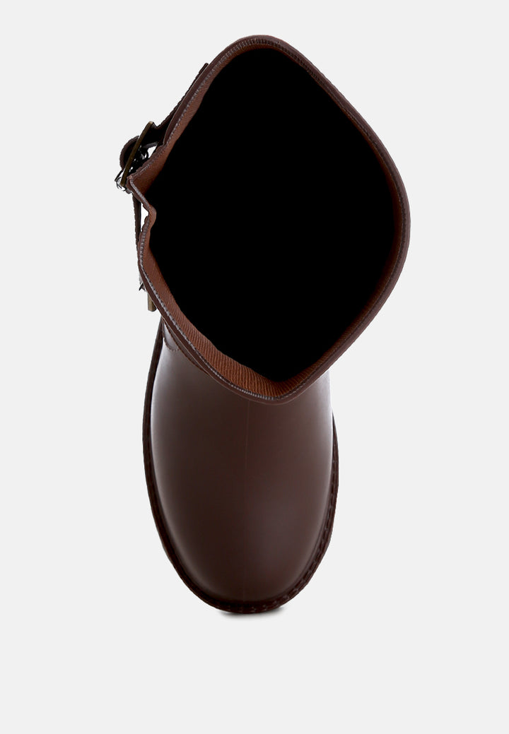 women harness detail calf rain boots#color_brown