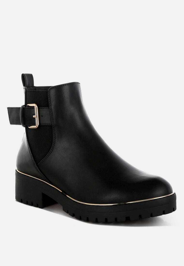 women chunky buckle detail ankle boots#color_black