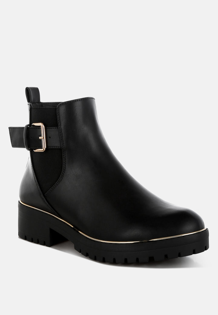 women chunky buckle detail ankle boots#color_black