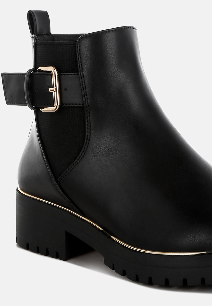 women chunky buckle detail ankle boots#color_black