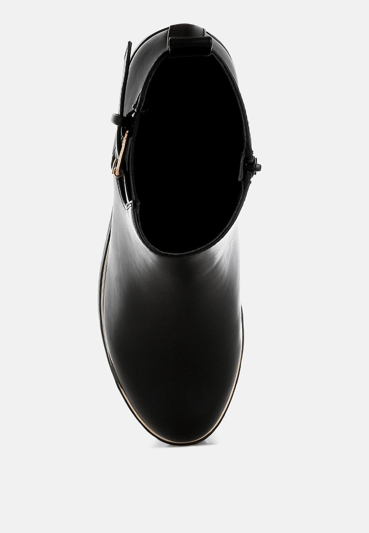 women chunky buckle detail ankle boots#color_black