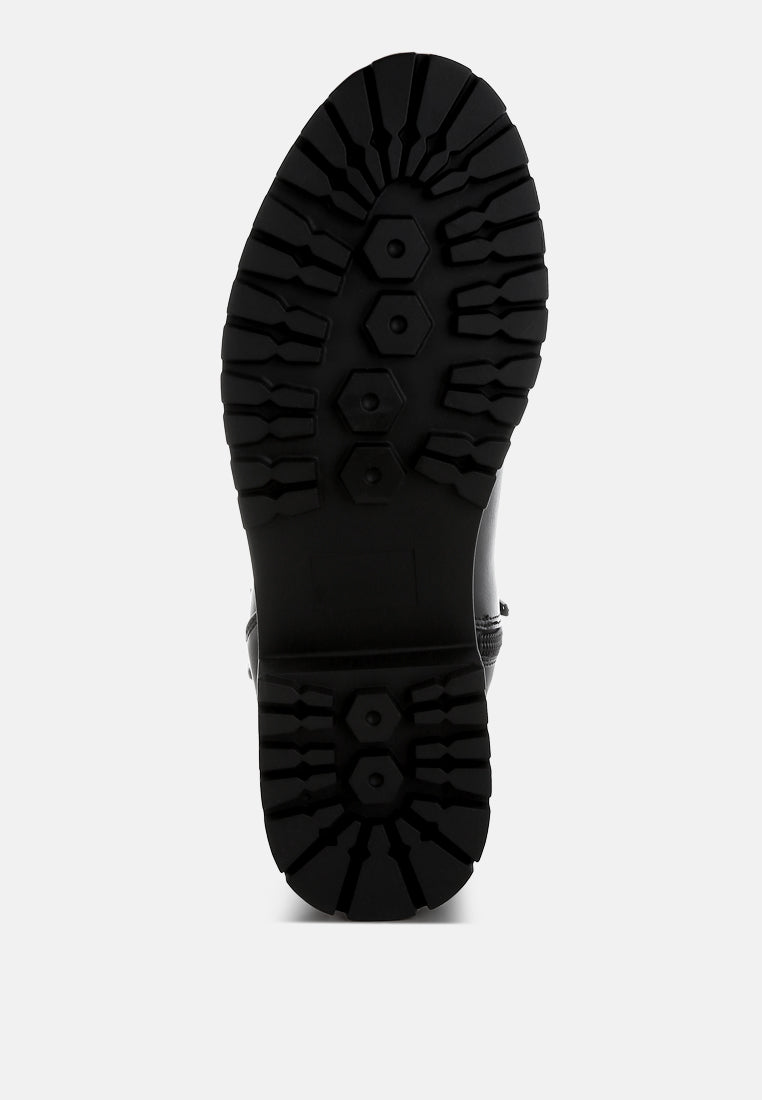 women chunky buckle detail ankle boots#color_black