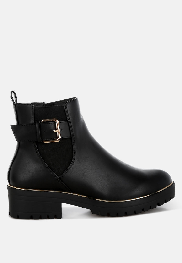 women chunky buckle detail ankle boots#color_black