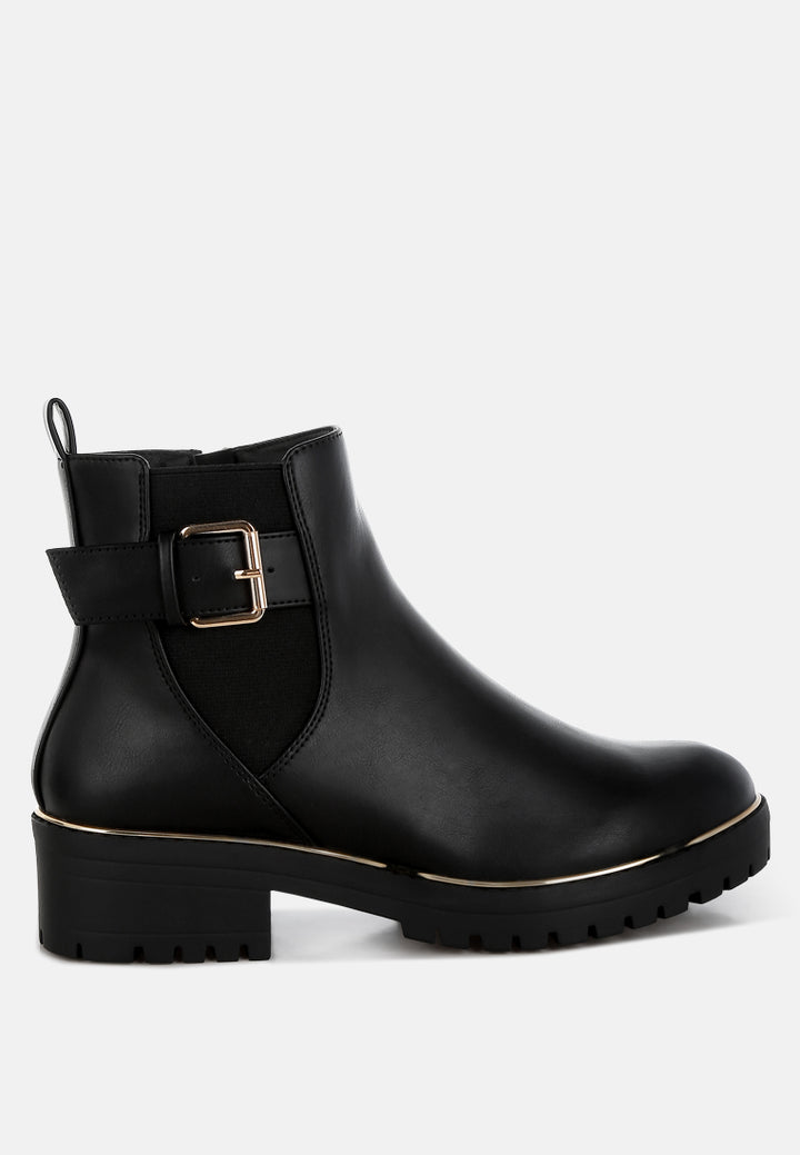 women chunky buckle detail ankle boots#color_black