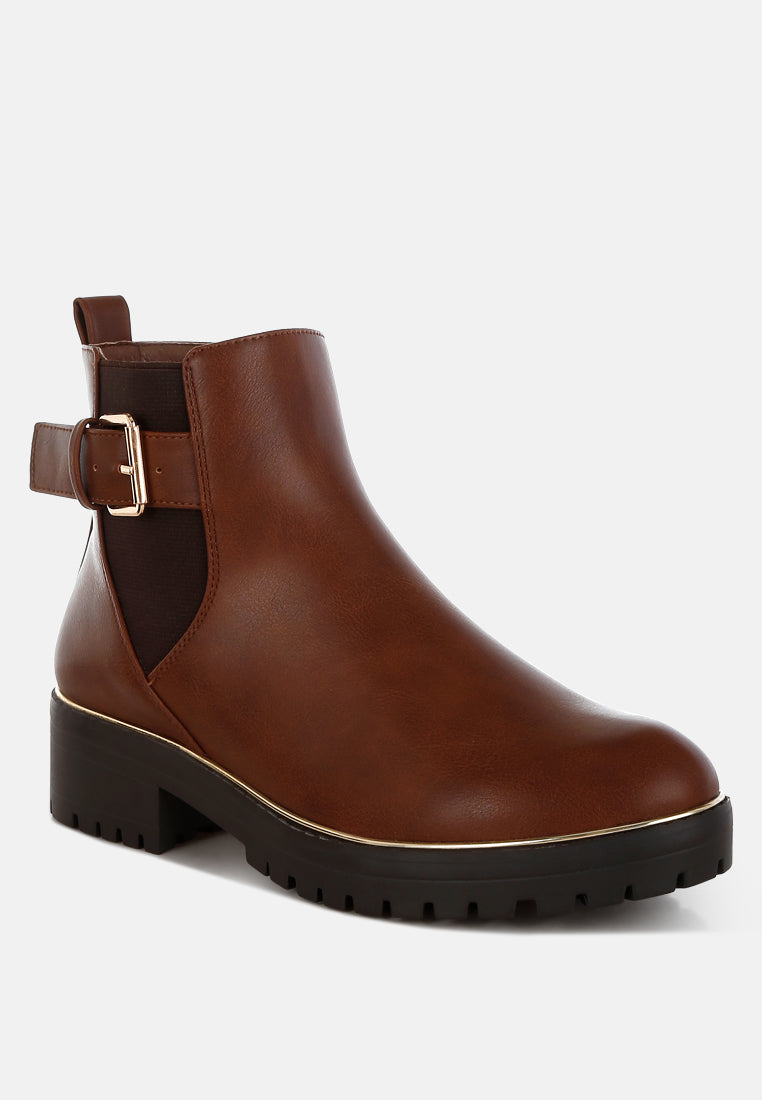 women chunky buckle detail ankle boots#color_tan