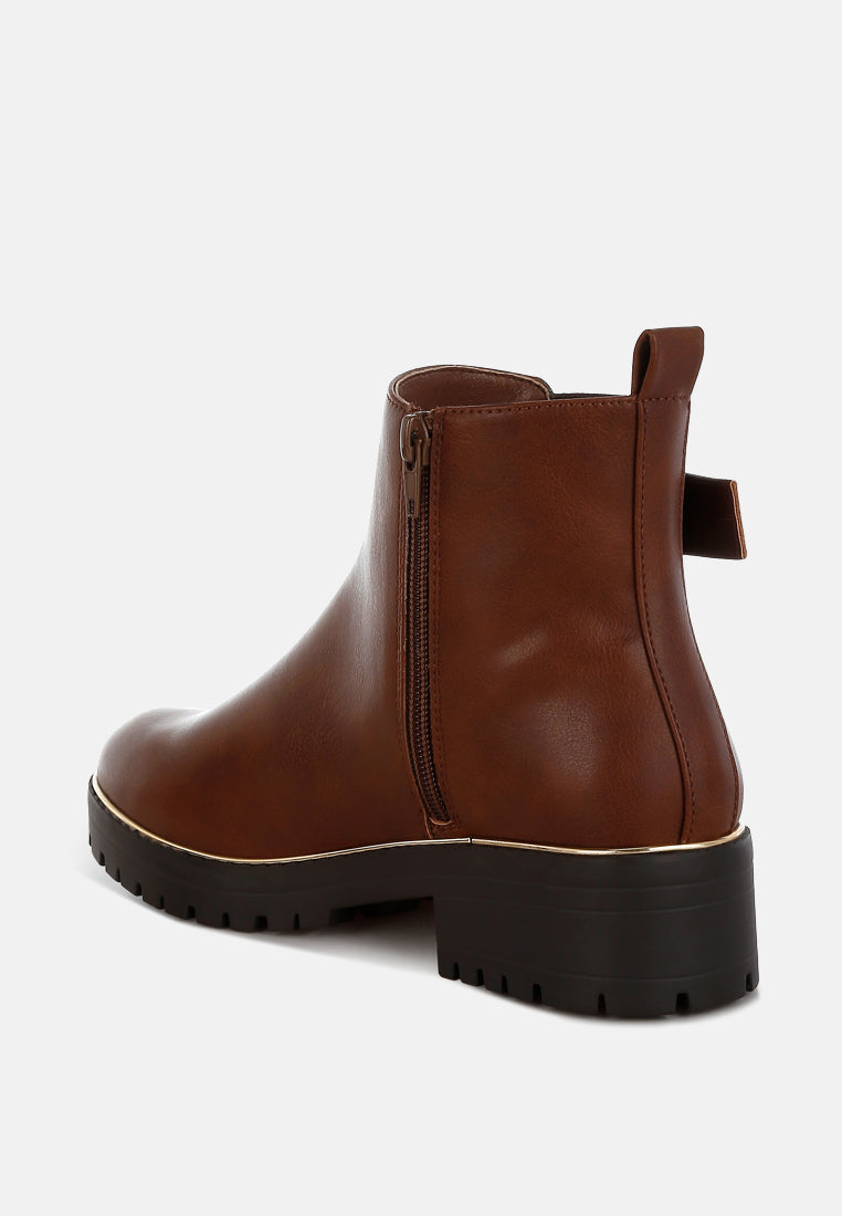 women chunky buckle detail ankle boots#color_tan