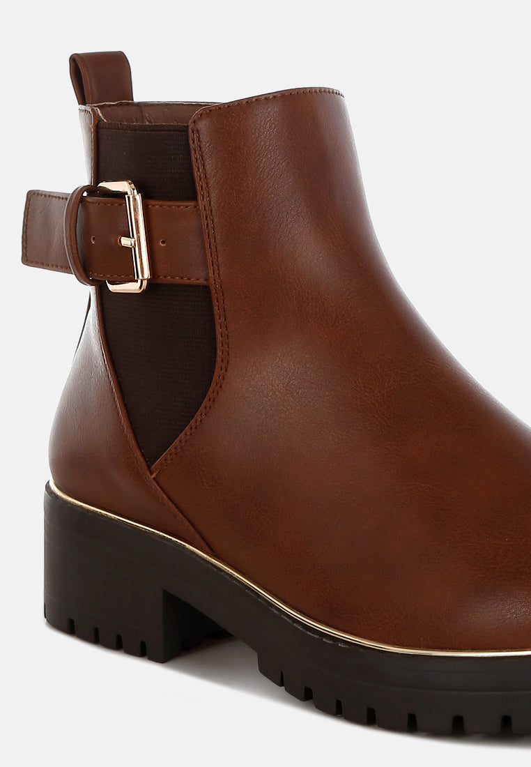women chunky buckle detail ankle boots#color_tan