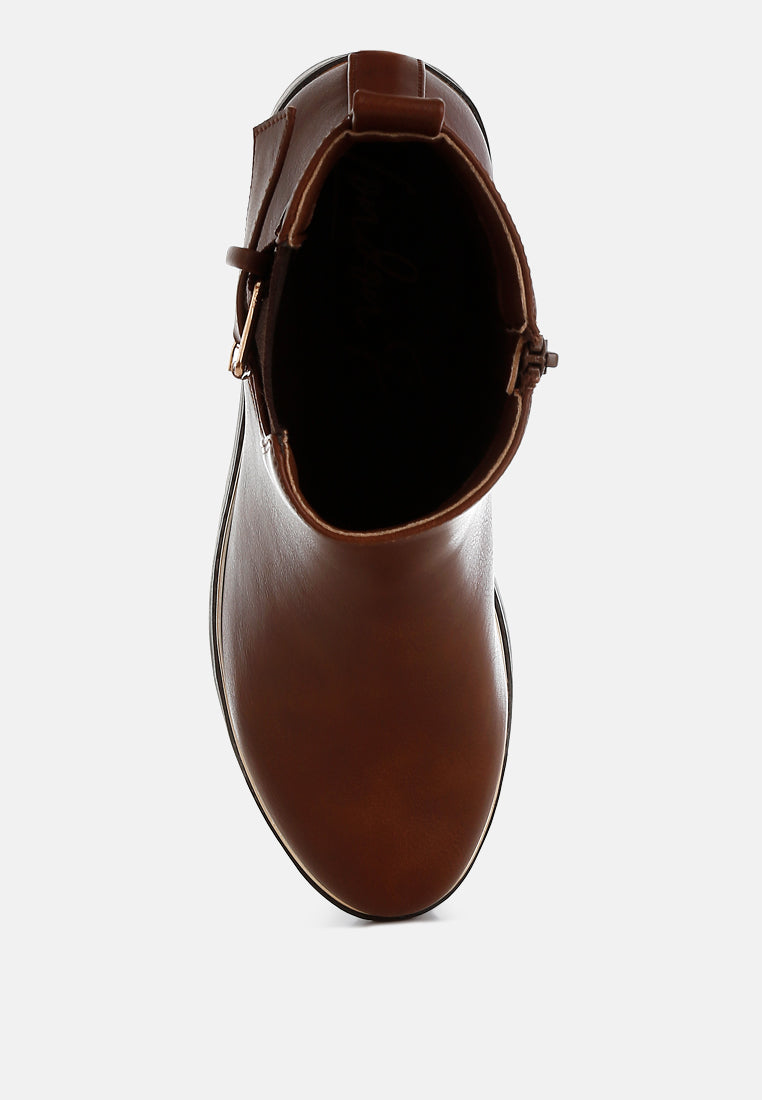 women chunky buckle detail ankle boots#color_tan