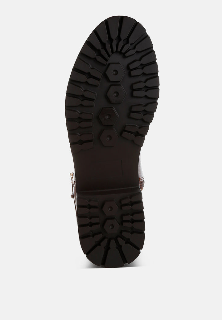 women chunky buckle detail ankle boots#color_tan