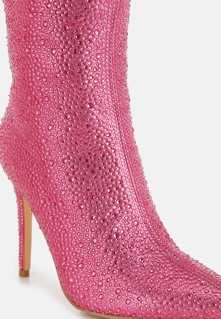 women rhinestones embellished high ankle boots#color_pink