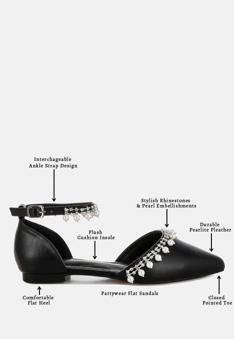 women rhinestone & pearl ankle strap flat sandals#color_black