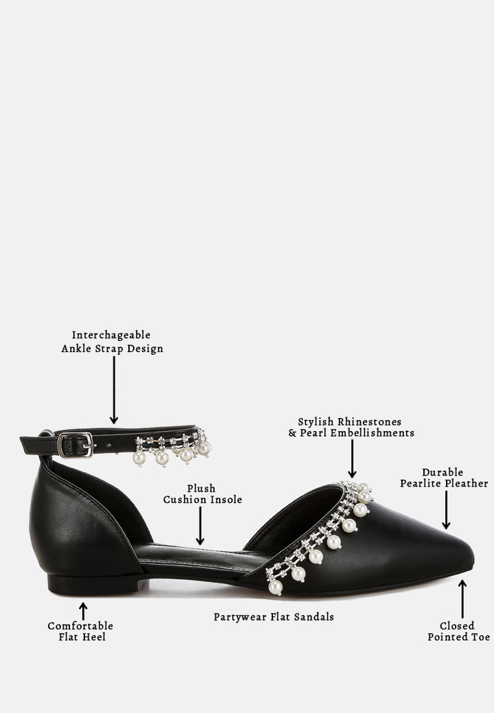 women rhinestone & pearl ankle strap flat sandals#color_black