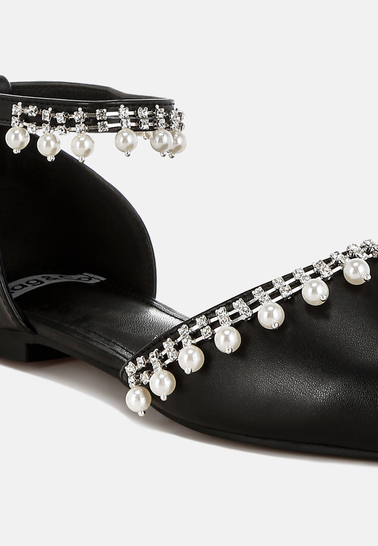women rhinestone & pearl ankle strap flat sandals#color_black