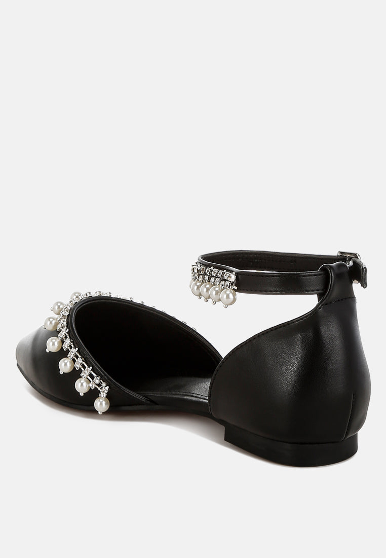 women rhinestone & pearl ankle strap flat sandals#color_black