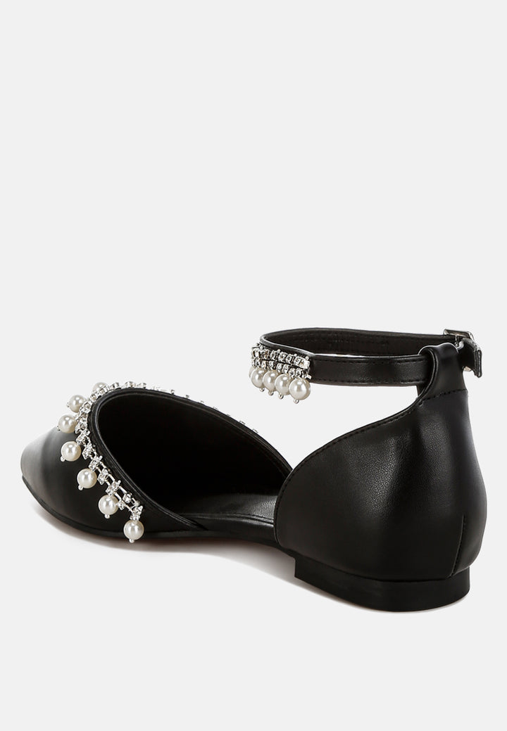 women rhinestone & pearl ankle strap flat sandals#color_black