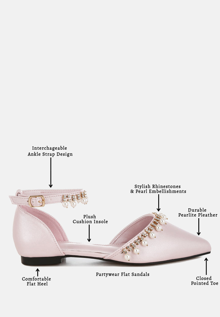 women rhinestone & pearl ankle strap flat sandals#color_pink