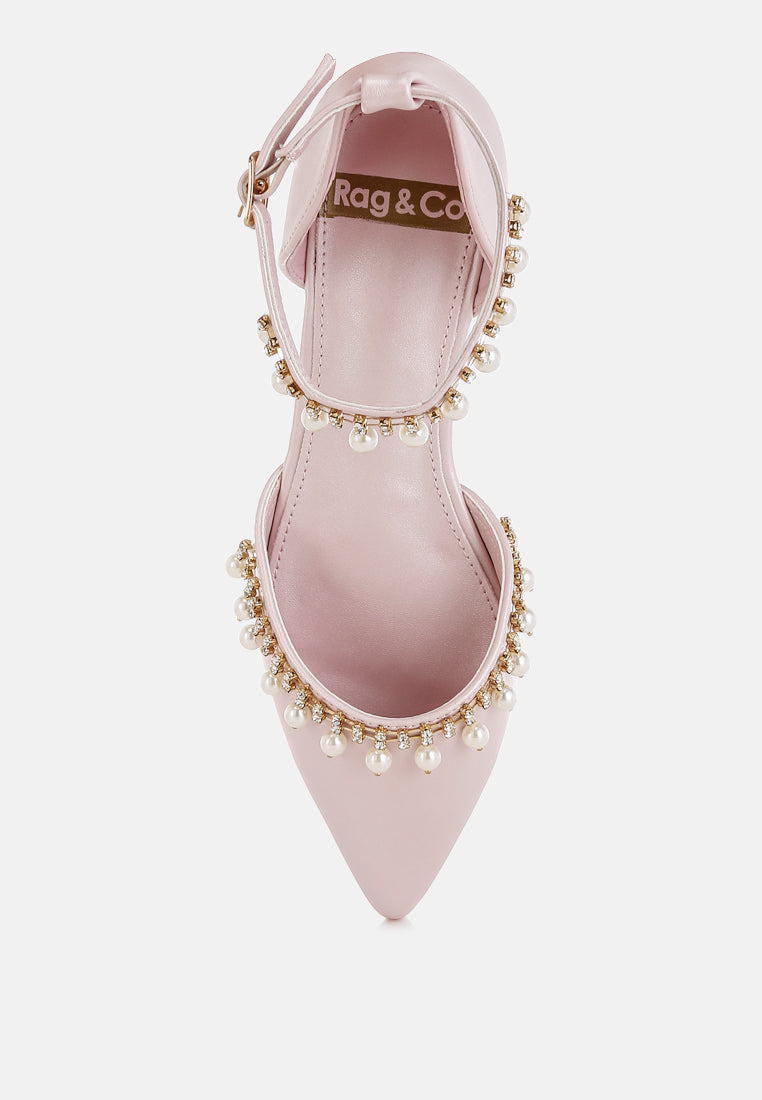 women rhinestone & pearl ankle strap flat sandals#color_pink