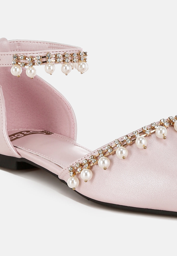 women rhinestone & pearl ankle strap flat sandals#color_pink