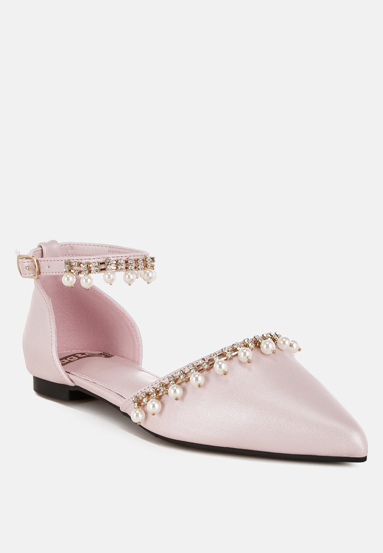 women rhinestone & pearl ankle strap flat sandals#color_pink