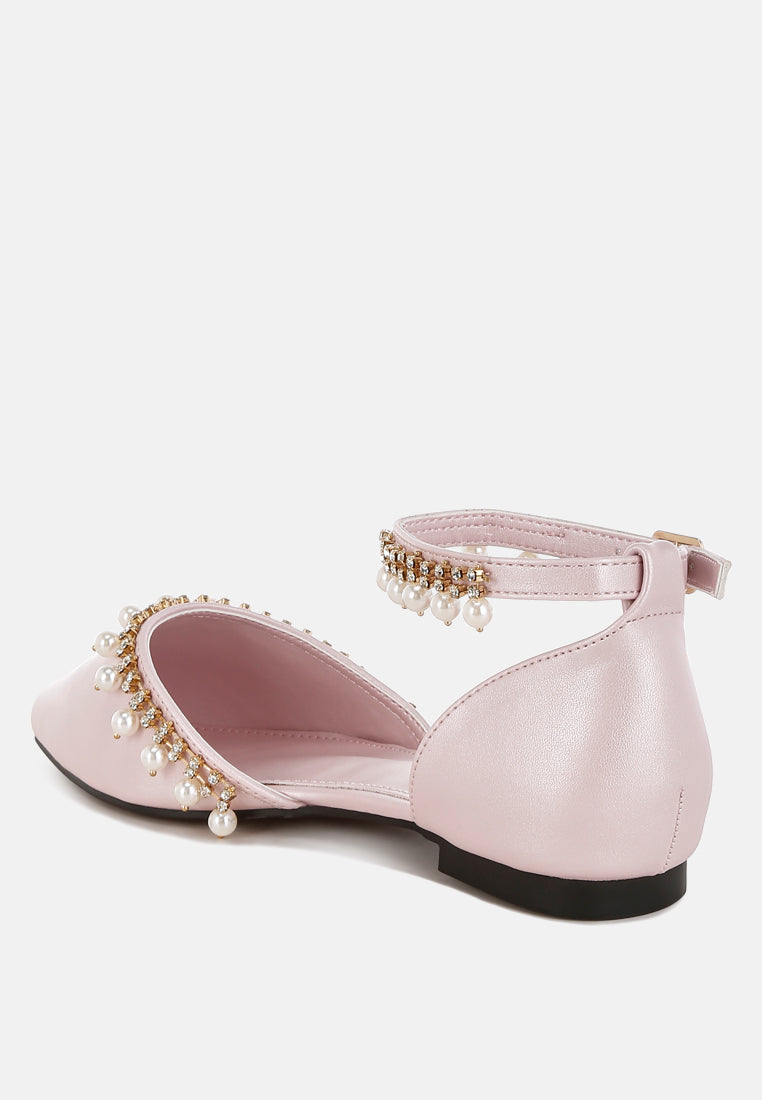 women rhinestone & pearl ankle strap flat sandals#color_pink