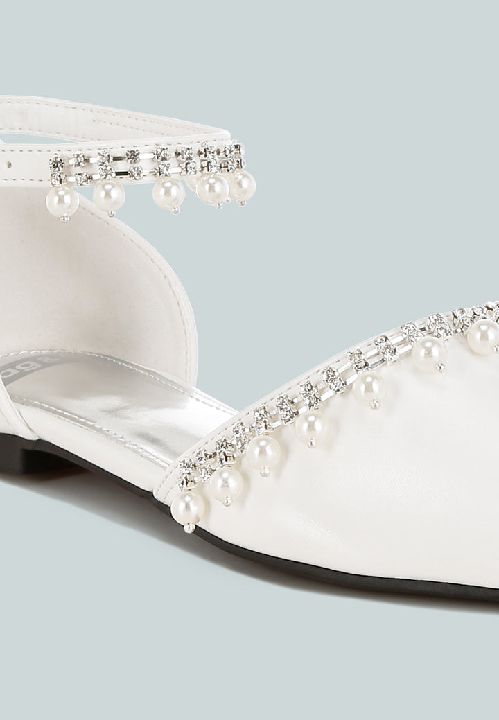 women rhinestone & pearl ankle strap flat sandals#color_white