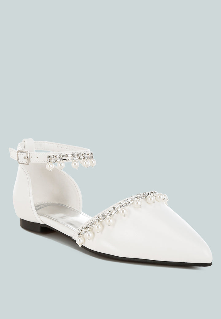 women rhinestone & pearl ankle strap flat sandals#color_white
