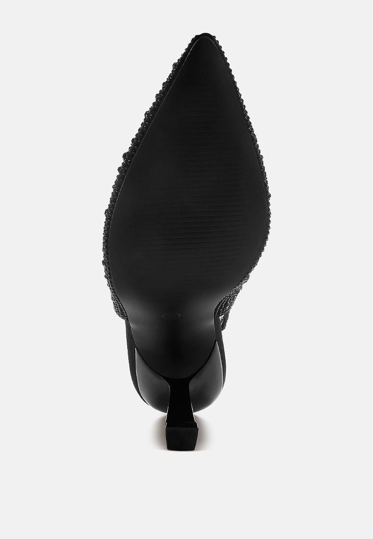 women luxurious satin pearl slingback sandals#color_black