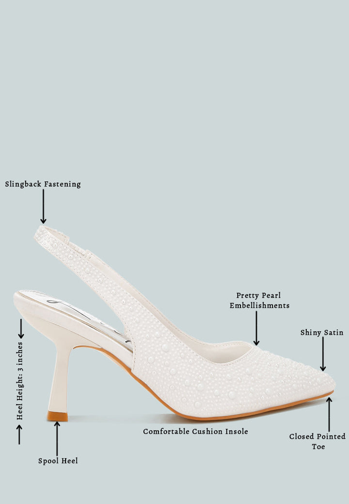 women luxurious satin pearl slingback sandals#color_white