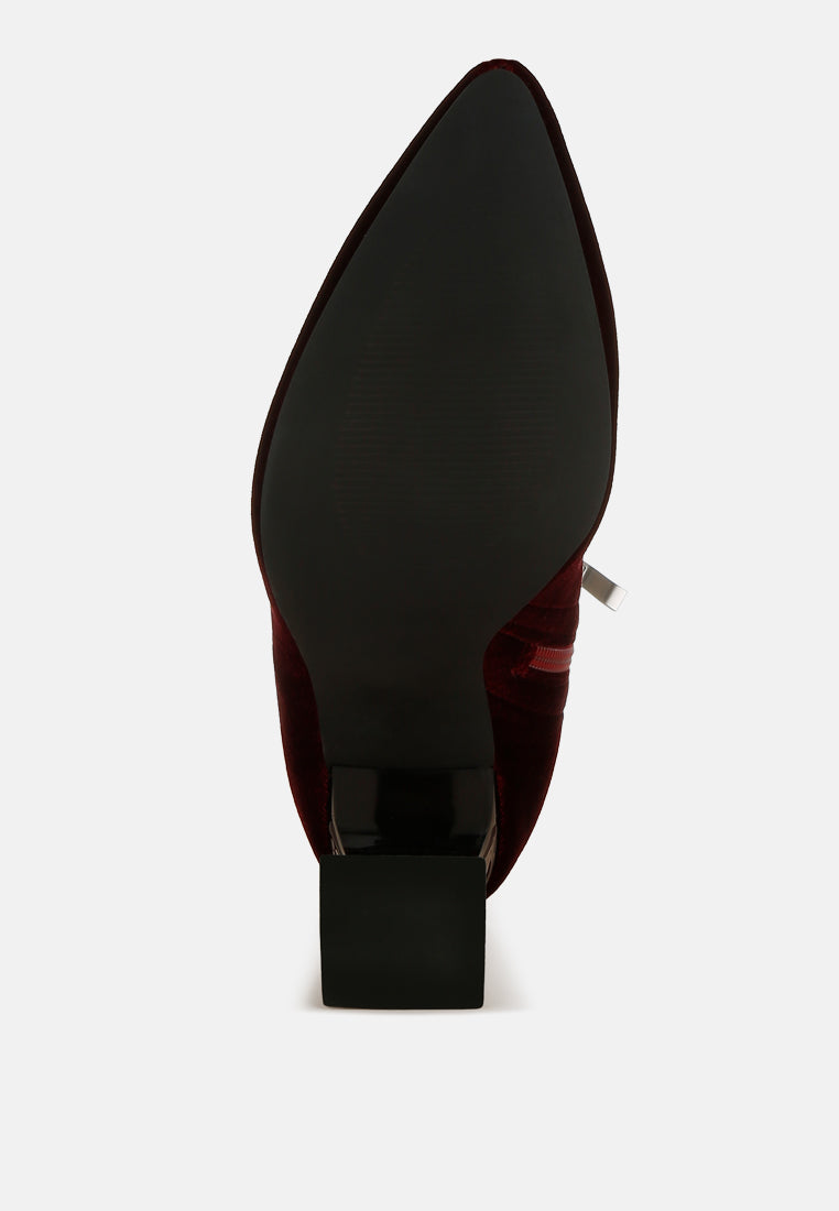 flared block heel velvet boots#colour_burgundy