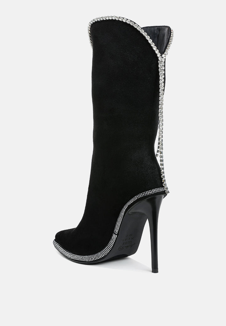 women diamante chain detail calf boots#color_black