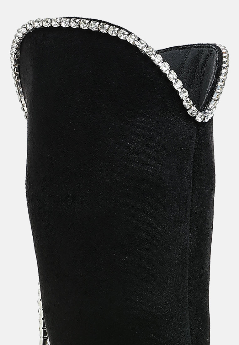 women diamante chain detail calf boots#color_black