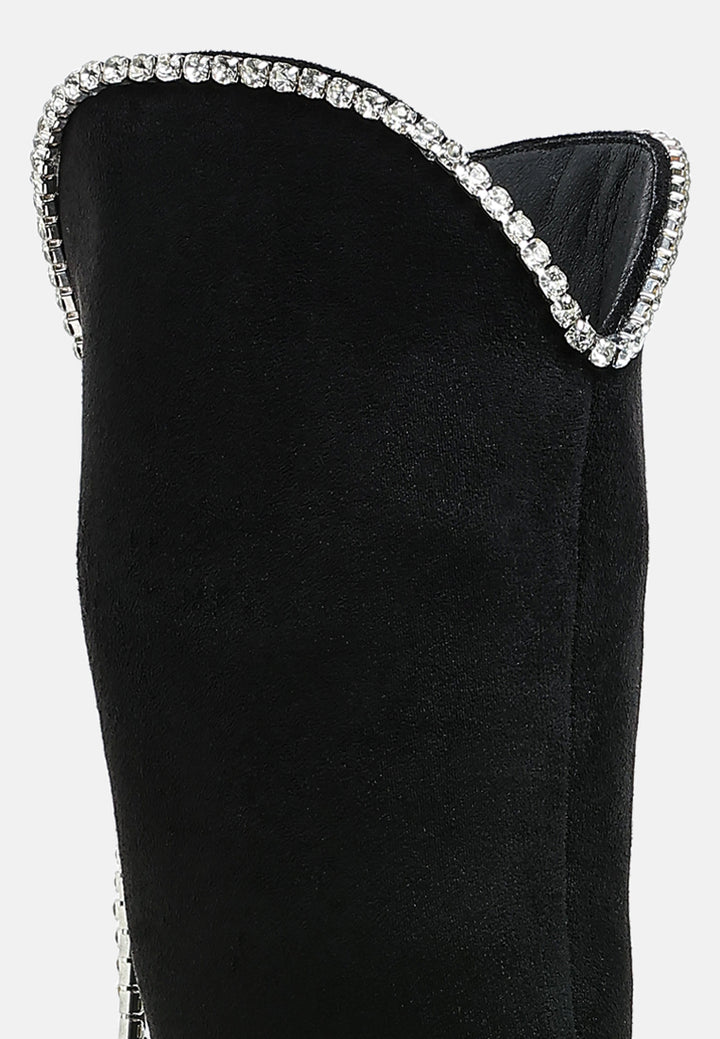 women diamante chain detail calf boots#color_black