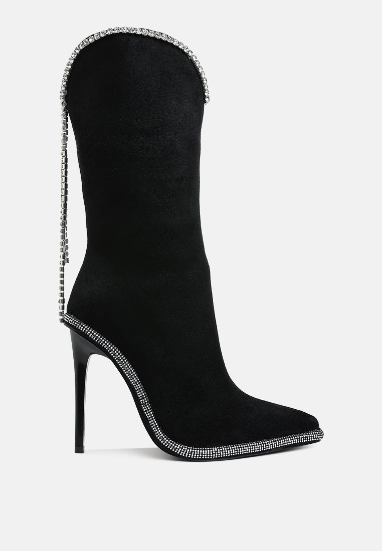 women diamante chain detail calf boots#color_black