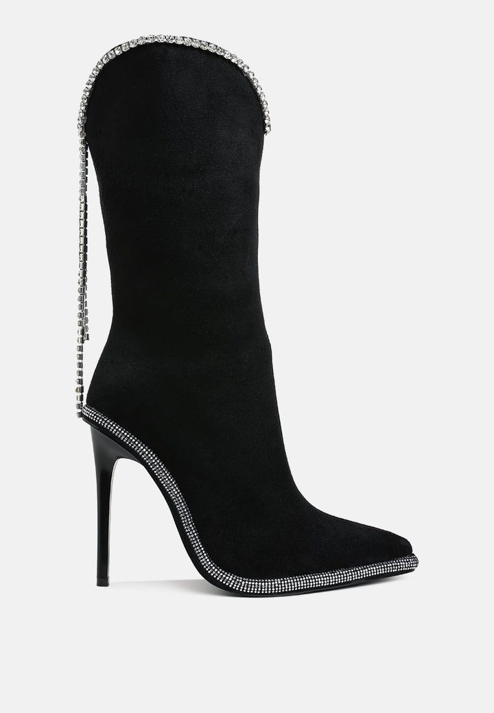 women diamante chain detail calf boots#color_black
