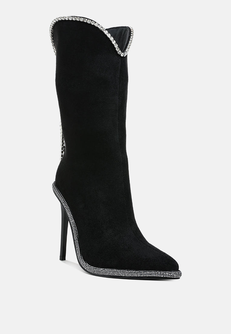 women diamante chain detail calf boots#color_black